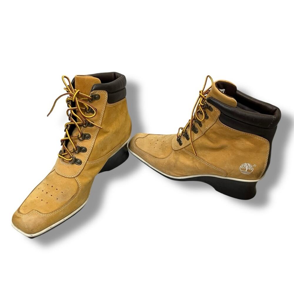 Timberland wheat genuine leather lace up ankle square toe wedge heel boots - Picture 5 of 9